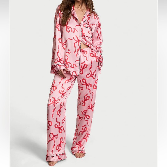 VICTORIA'S SECRET Glazed Satin Long Pajama Set Chalk Rose Bows Fashion S… - Picture 3 of 8